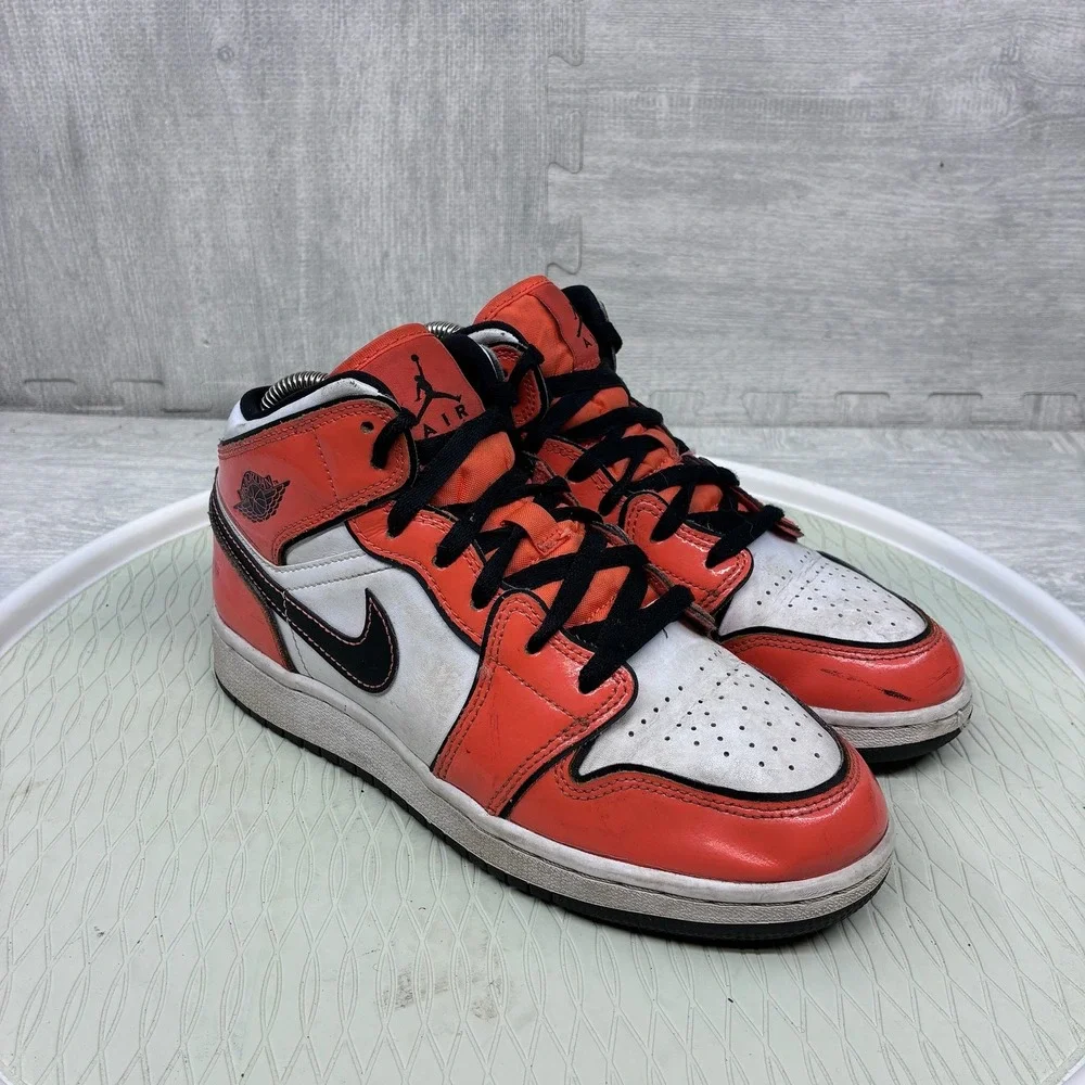 Nike Air Jordan 1 Mid Kids 6Y Orange White Leather Sneakers BQ6931-802
